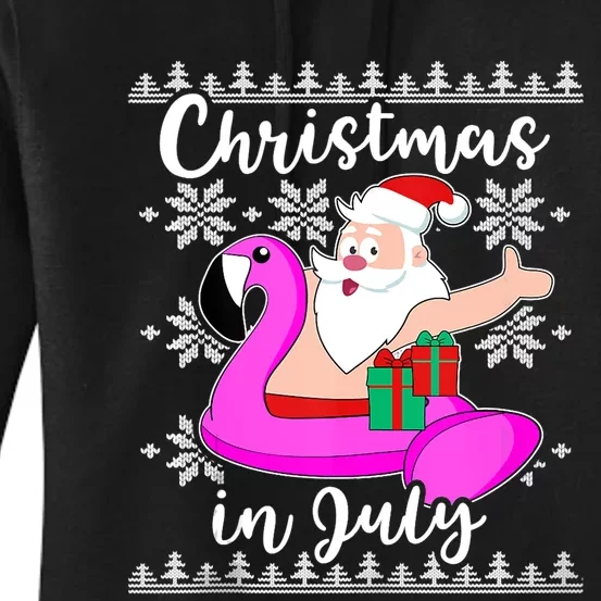 Christmas In July Ugly Santa Flamingo Pool Float Women's Pullover Hoodie