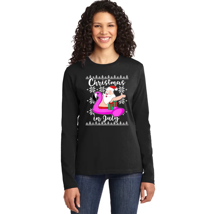 Christmas In July Ugly Santa Flamingo Pool Float Ladies Long Sleeve Shirt