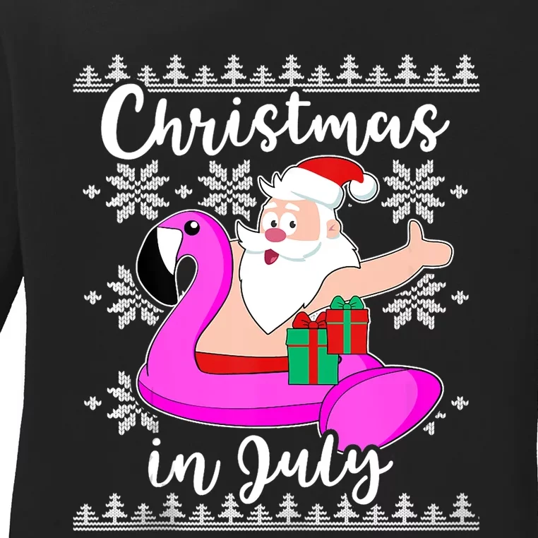 Christmas In July Ugly Santa Flamingo Pool Float Ladies Long Sleeve Shirt