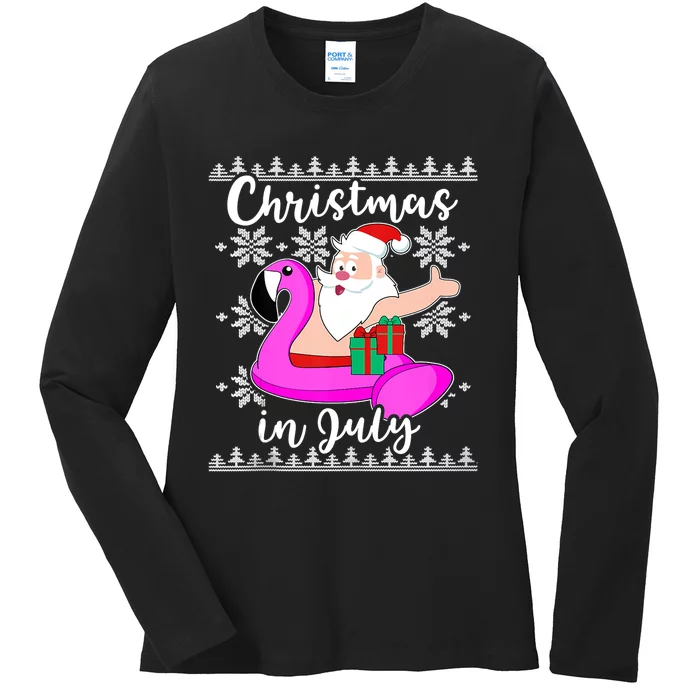 Christmas In July Ugly Santa Flamingo Pool Float Ladies Long Sleeve Shirt