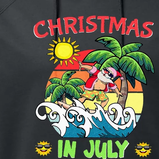 Christmas In July Funny Santa Surfing Summer Beach Vacation Performance Fleece Hoodie