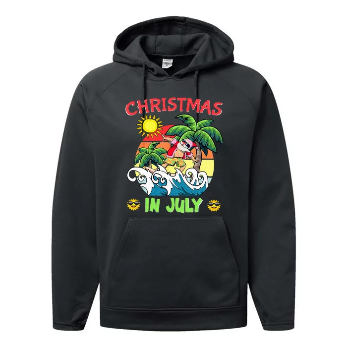 Christmas In July Funny Santa Surfing Summer Beach Vacation Performance Fleece Hoodie