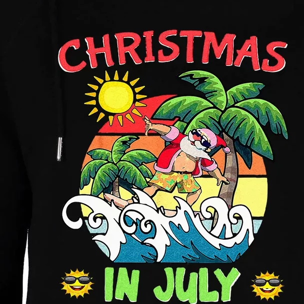 Christmas In July Funny Santa Surfing Summer Beach Vacation Womens Funnel Neck Pullover Hood