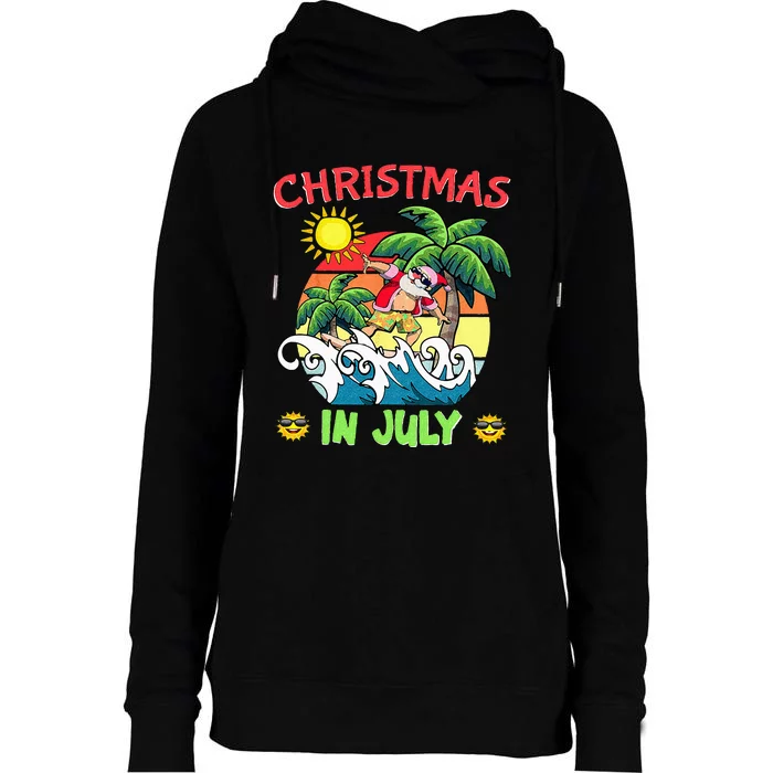 Christmas In July Funny Santa Surfing Summer Beach Vacation Womens Funnel Neck Pullover Hood