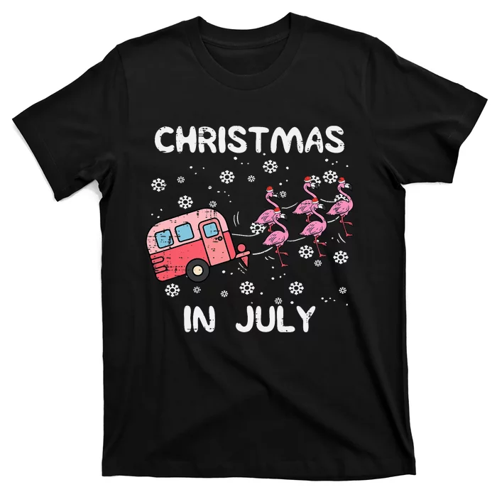 Christmas In July Flamingo Trailer Summer Xmas Camp Camper T-Shirt