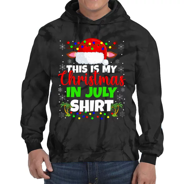 Christmas In July Santa Hat With Palm And Christmas Lights Tie Dye Hoodie