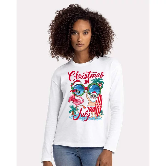 Christmas In July Santa Hawaii Sunglasses Flamingo Summer Womens Cotton Relaxed Long Sleeve T-Shirt