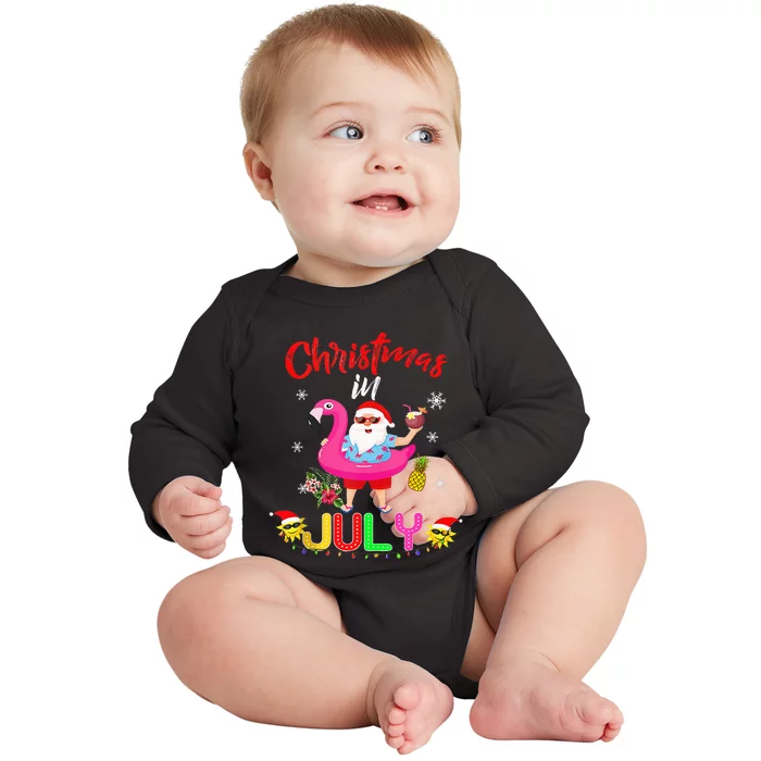 Christmas In July Santa Hawaiian Flamingo Summer Beach Baby Long Sleeve Bodysuit