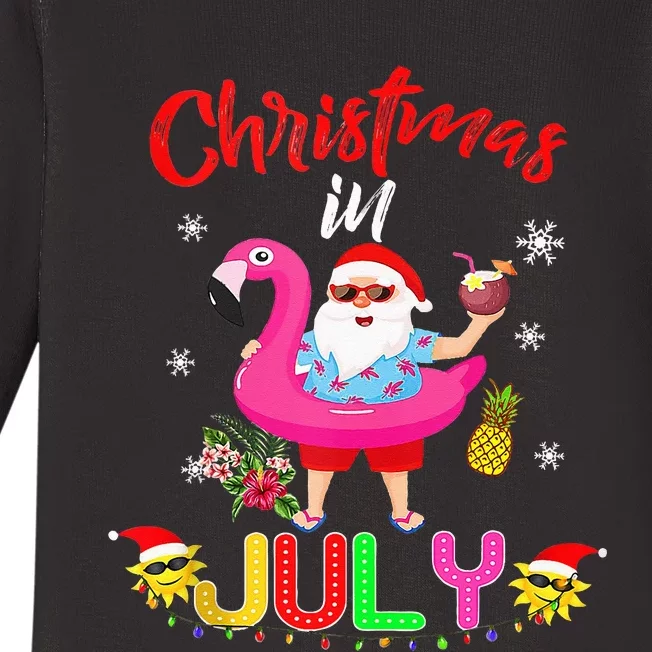 Christmas In July Santa Hawaiian Flamingo Summer Beach Baby Long Sleeve Bodysuit