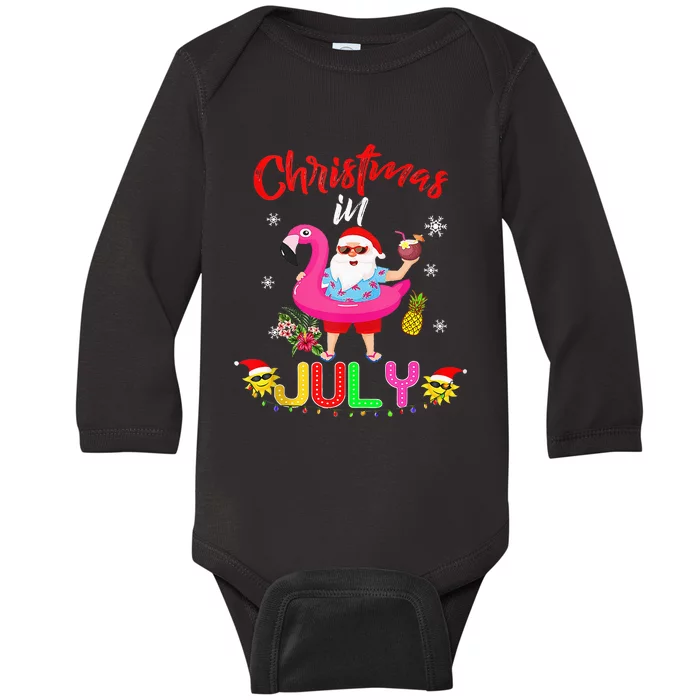 Christmas In July Santa Hawaiian Flamingo Summer Beach Baby Long Sleeve Bodysuit