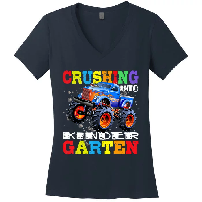 Crushing Into Kindergarten Tee Monster Truck Back To School Women's V-Neck T-Shirt