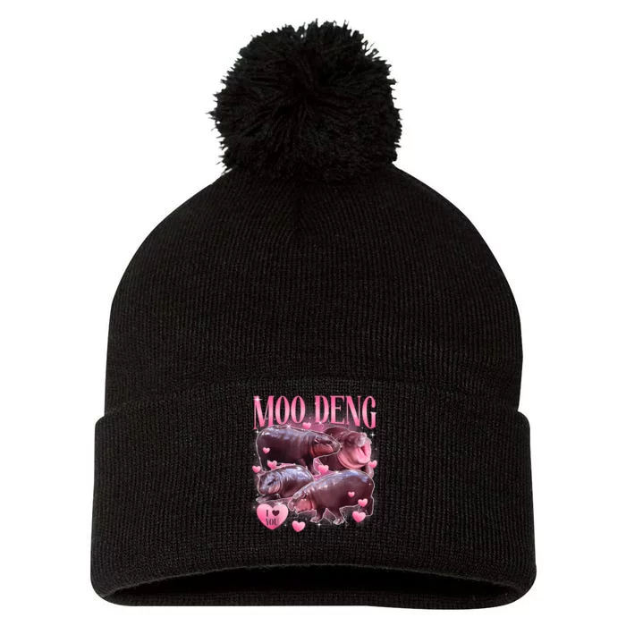 Cute I Love Moo Deng Baby Hippo Moo Deng I Heart Moo Deng Pom Pom 12in Knit Beanie