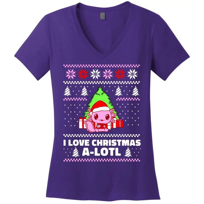 Cute I Love Christmas A Lotl Axolotl Funny Presents Ugly Women's V-Neck T-Shirt