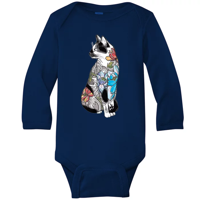 Cat In Lotus Tattoo Baby Long Sleeve Bodysuit