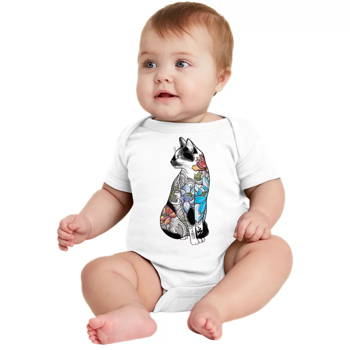 Cat In Lotus Tattoo Baby Bodysuit