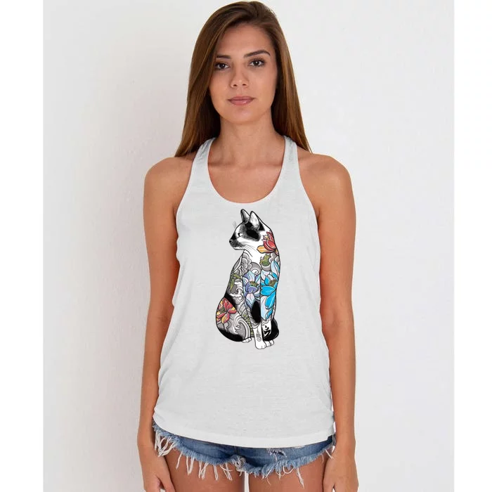 Cat In Lotus Tattoo Women's Knotted Racerback Tank