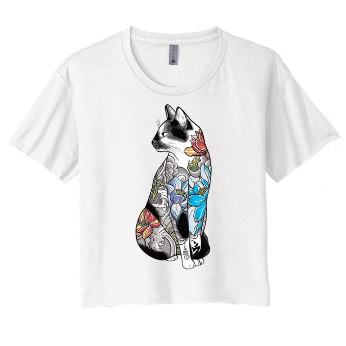 Cat In Lotus Tattoo Women's Crop Top Tee