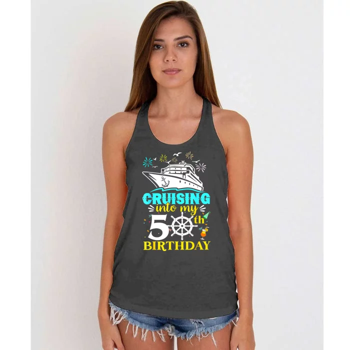 Cruising Into My 50th Birthday 50 Year Old Cruise Birthday Women's Knotted Racerback Tank