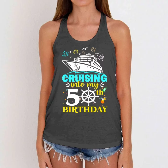 Cruising Into My 50th Birthday 50 Year Old Cruise Birthday Women's Knotted Racerback Tank