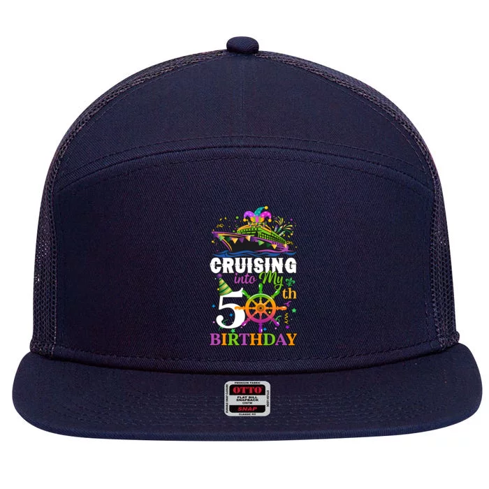 Cruising Into My 50th Birthday 50 Years Old Birthday Mardi Gras 7 Panel Mesh Trucker Snapback Hat