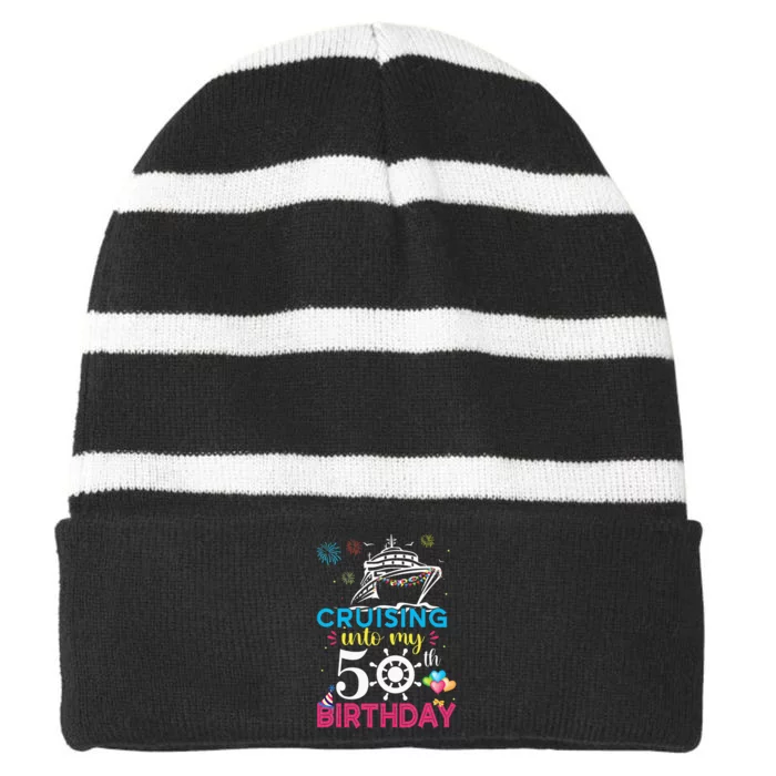 Cruising Into My 50th Birthday Cruise Party Cruise Crew Striped Beanie with Solid Band