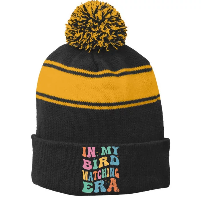 Cute In My Bird Watching Era Funny Birds Lovers Stripe Pom Pom Beanie