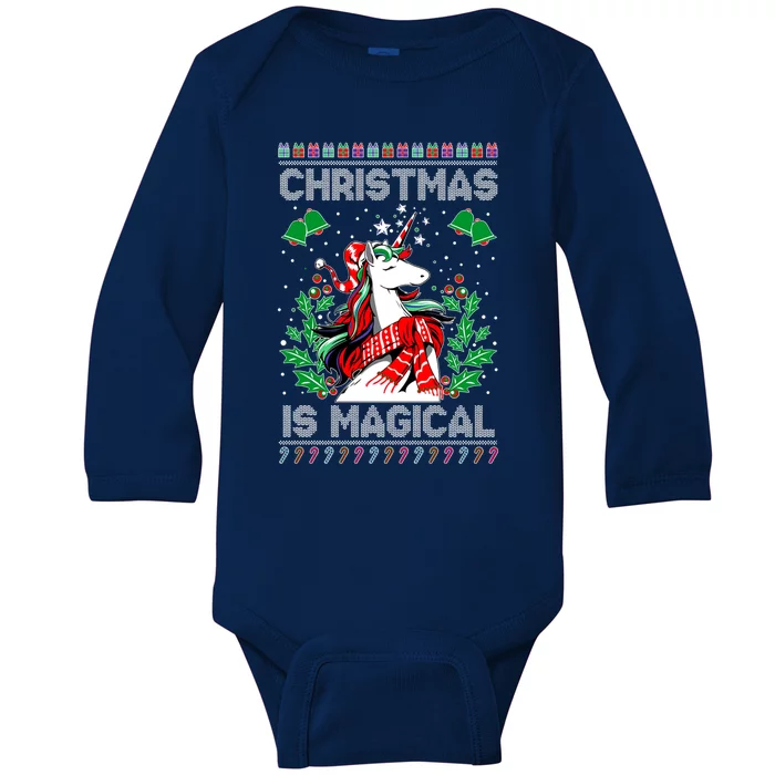 Christmas Is Magical Ugly Xmas Sweater Unicorn Lover Pajama Gift Baby Long Sleeve Bodysuit