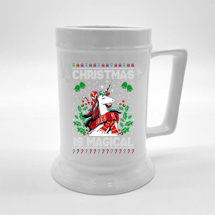 Christmas Is Magical Ugly Xmas Sweater Unicorn Lover Pajama Gift Front & Back Beer Stein