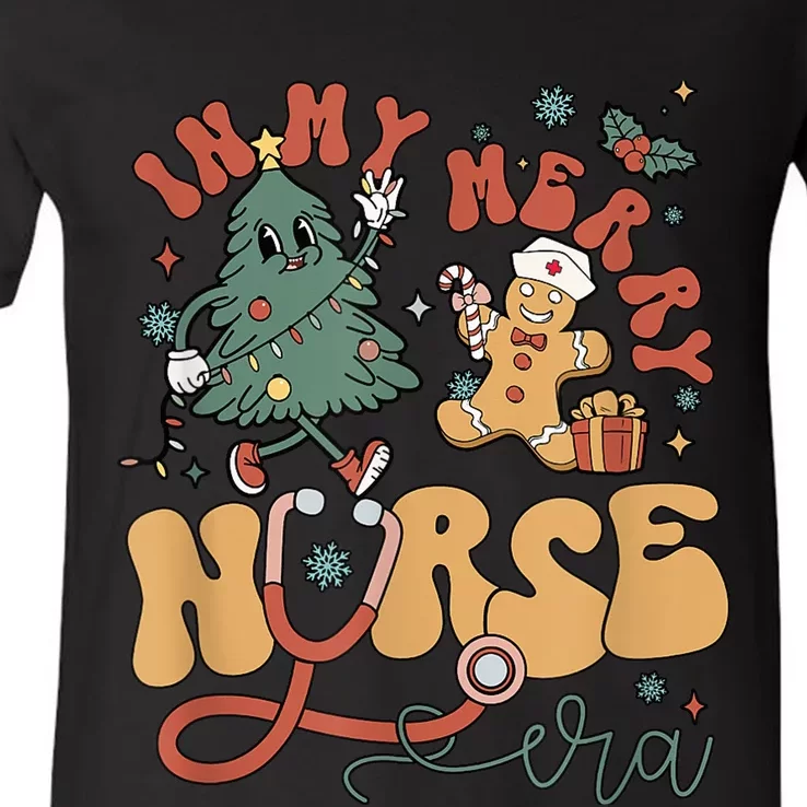 Cute In My Merry Nurse Era Christmas Groovy Gingerbread Man V-Neck T-Shirt