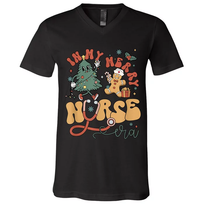 Cute In My Merry Nurse Era Christmas Groovy Gingerbread Man V-Neck T-Shirt