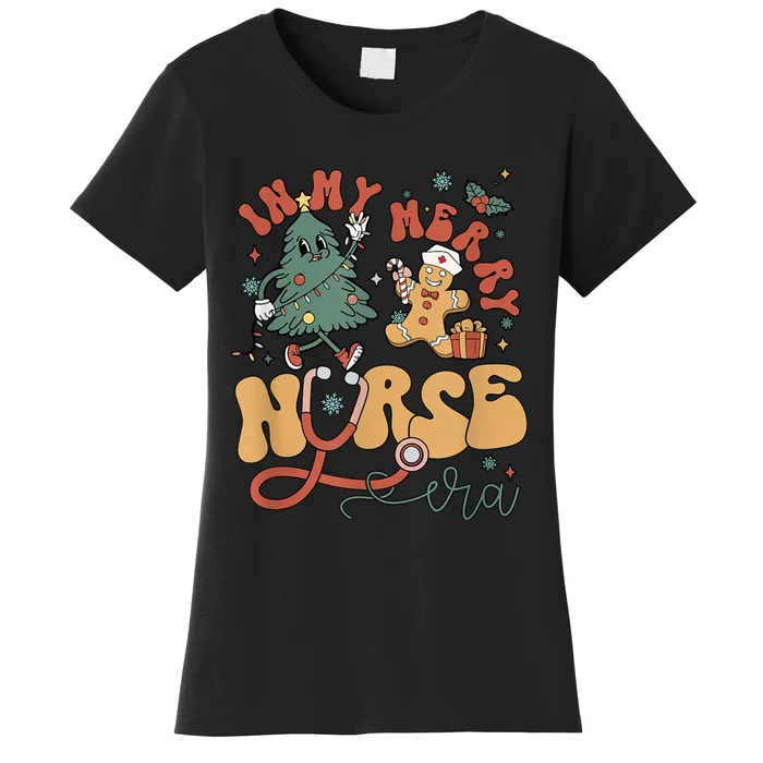 Cute In My Merry Nurse Era Christmas Groovy Gingerbread Man Women's T-Shirt