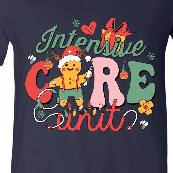 Christmas Icu Nurse Hospital Gingerbread Intensive Care Unit V-Neck T-Shirt