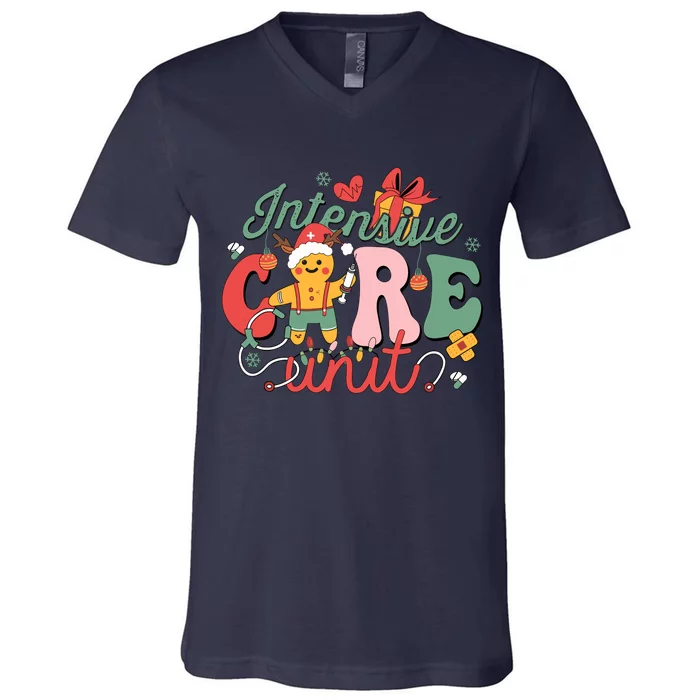 Christmas Icu Nurse Hospital Gingerbread Intensive Care Unit V-Neck T-Shirt