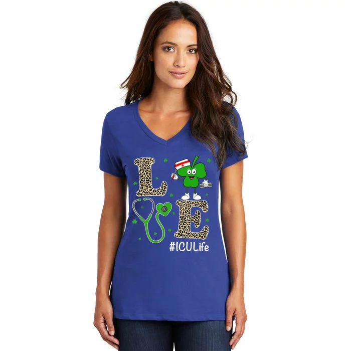 Cute Irish Nurse St Patricks Day Leopard Love Icu Nurse Life Cool Gift Women's V-Neck T-Shirt