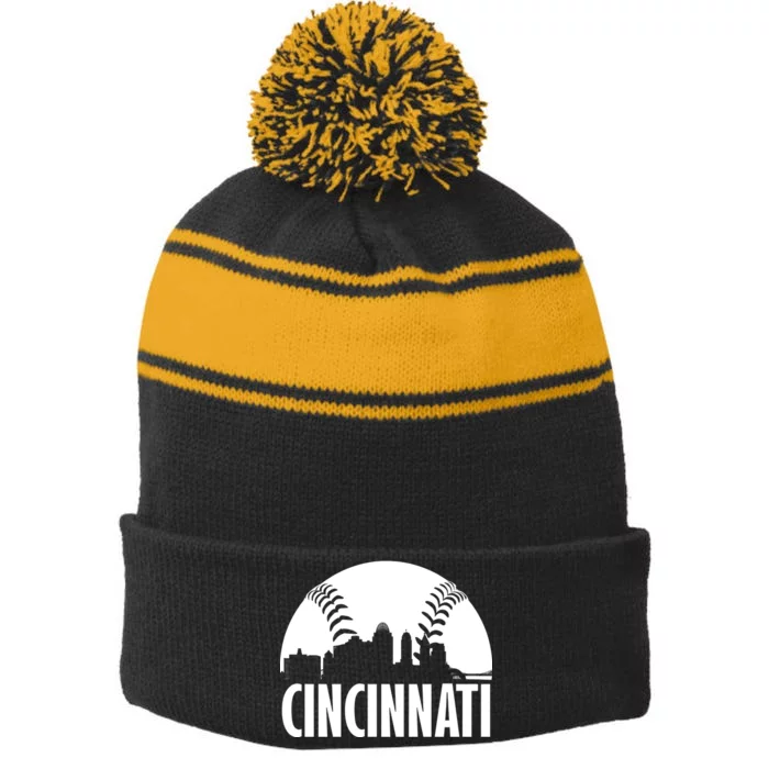 Cincinnati Baseball Skyline Stripe Pom Pom Beanie