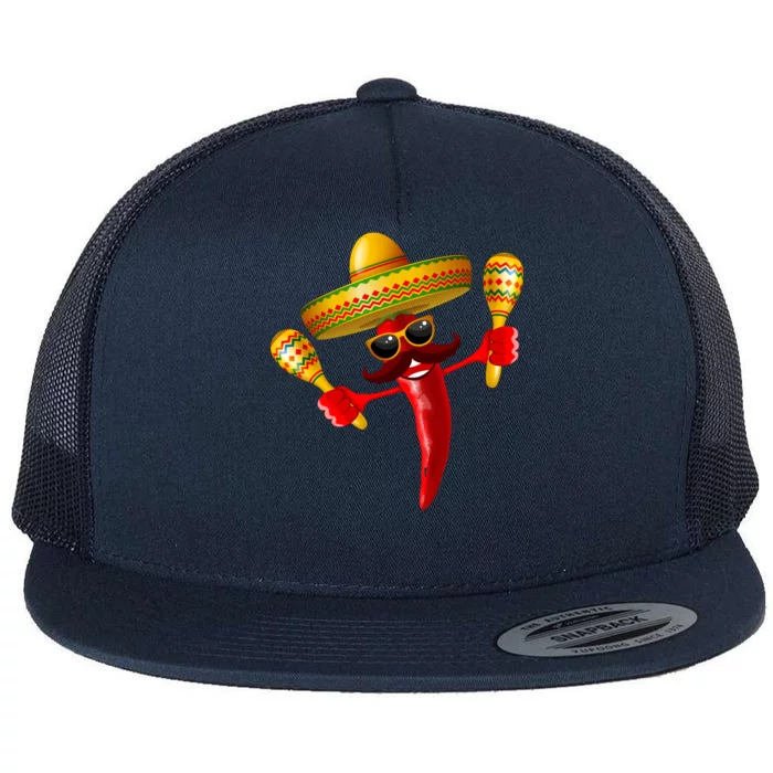 Cinco De Mayo Chili Pepper Dancing Moustache Mexican Flat Bill Trucker Hat