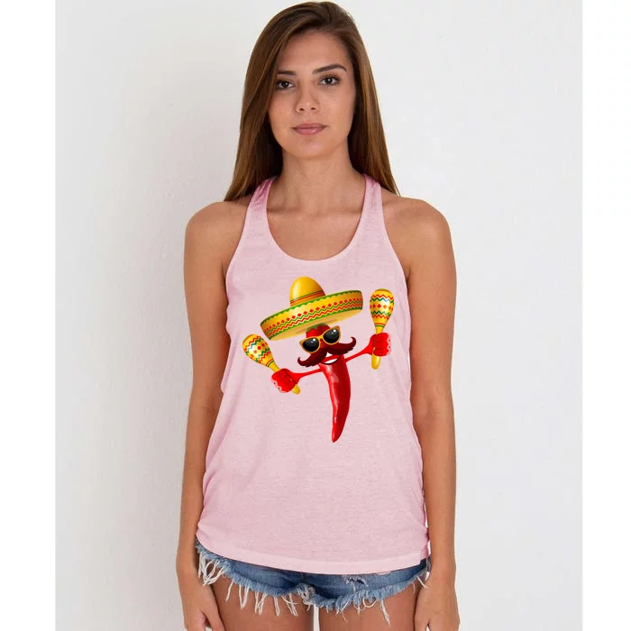 Cinco De Mayo Chili Pepper Dancing Moustache Mexican Women's Knotted Racerback Tank