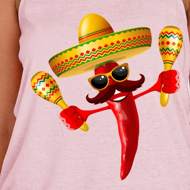 Cinco De Mayo Chili Pepper Dancing Moustache Mexican Women's Knotted Racerback Tank