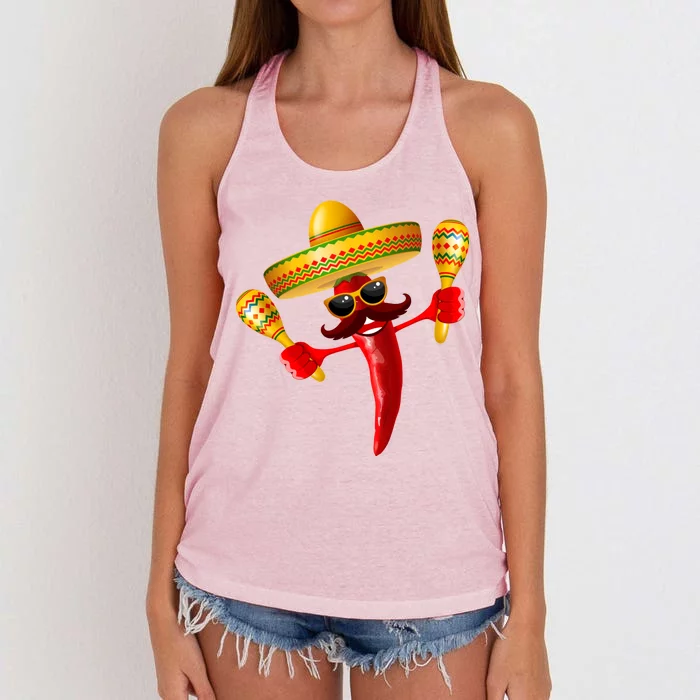 Cinco De Mayo Chili Pepper Dancing Moustache Mexican Women's Knotted Racerback Tank