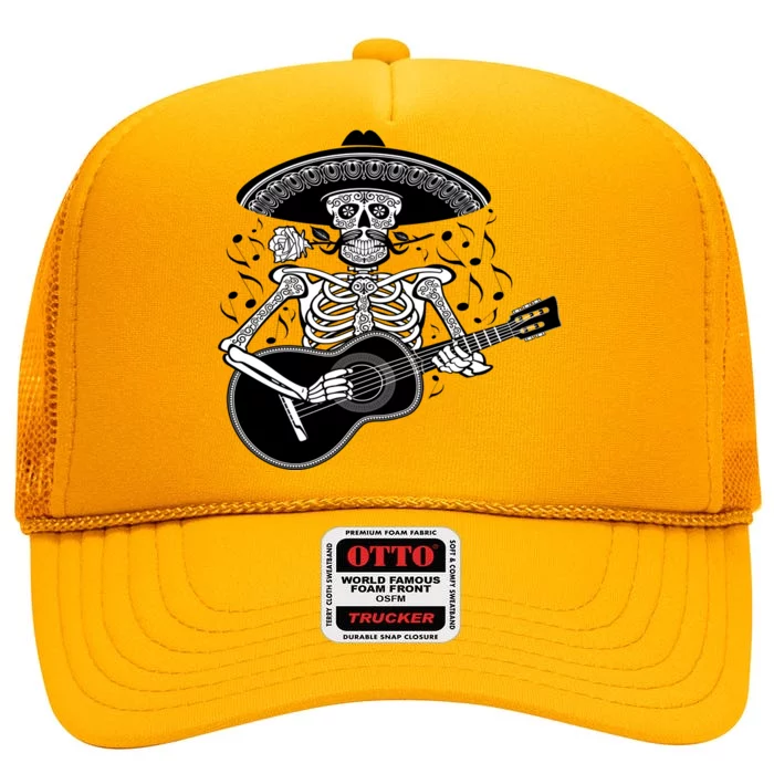 Cinco De Mayo Skeleton Playing the Guitar High Crown Mesh Trucker Hat