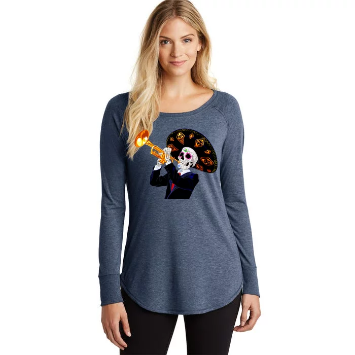 Cinco De Mayo Sugar Skull Playing Trumpet Women's Perfect Tri Tunic Long Sleeve Shirt