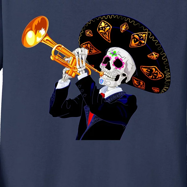 Cinco De Mayo Sugar Skull Playing Trumpet Kids Long Sleeve Shirt