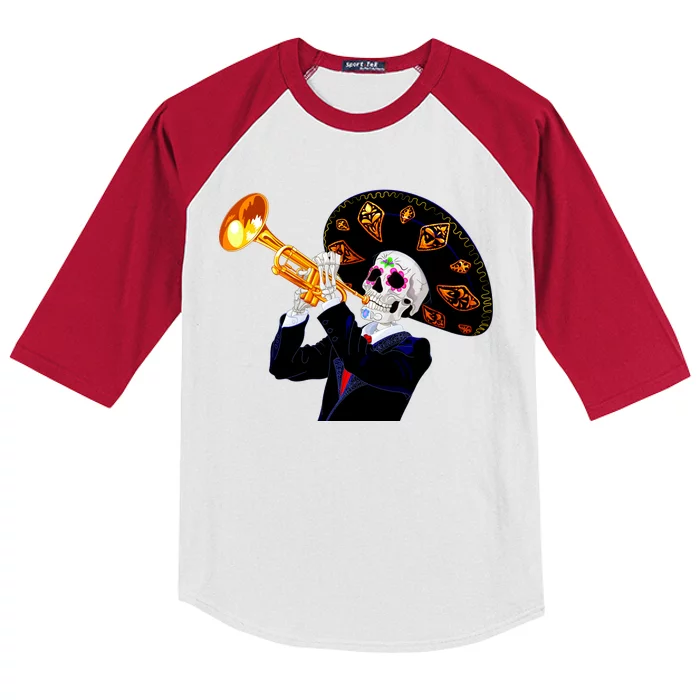 Cinco De Mayo Sugar Skull Playing Trumpet Kids Colorblock Raglan Jersey