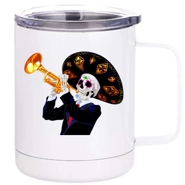 Cinco De Mayo Sugar Skull Playing Trumpet Front & Back 12oz Stainless Steel Tumbler Cup