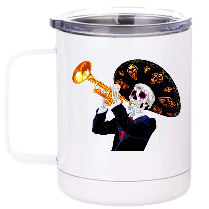 Cinco De Mayo Sugar Skull Playing Trumpet Front & Back 12oz Stainless Steel Tumbler Cup