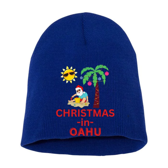 Christmas In Oahu Deck The Palm Trees Family Vacation Cool Gift Short Acrylic Beanie