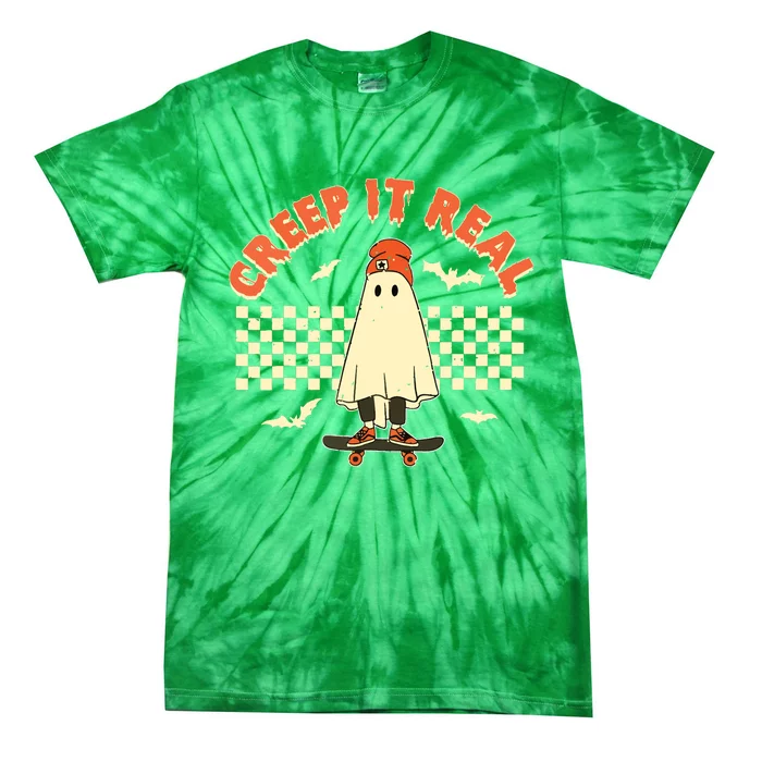 Creep It Real Skateboarding Ghost Retro Halloween Costume Tie-Dye T-Shirt