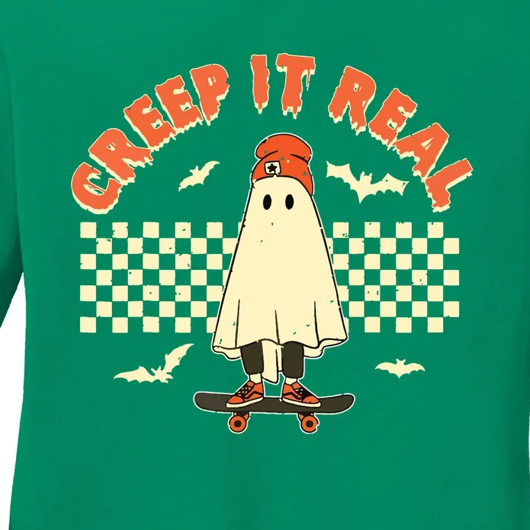 Creep It Real Skateboarding Ghost Retro Halloween Costume Ladies Long Sleeve Shirt