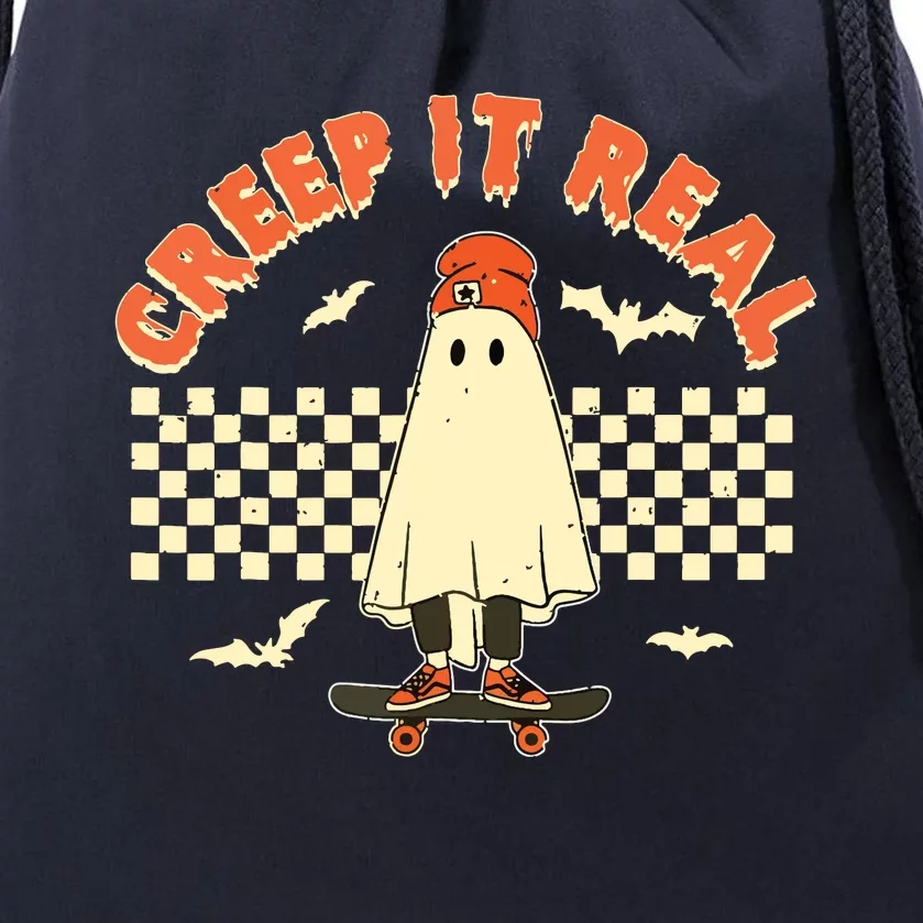 Creep It Real Skateboarding Ghost Retro Halloween Costume Drawstring Bag