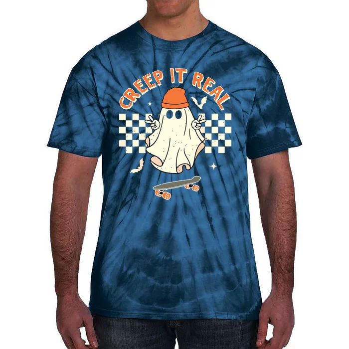 Creep It Real Skateboarding Ghost Retro Halloween Costume Tie-Dye T-Shirt